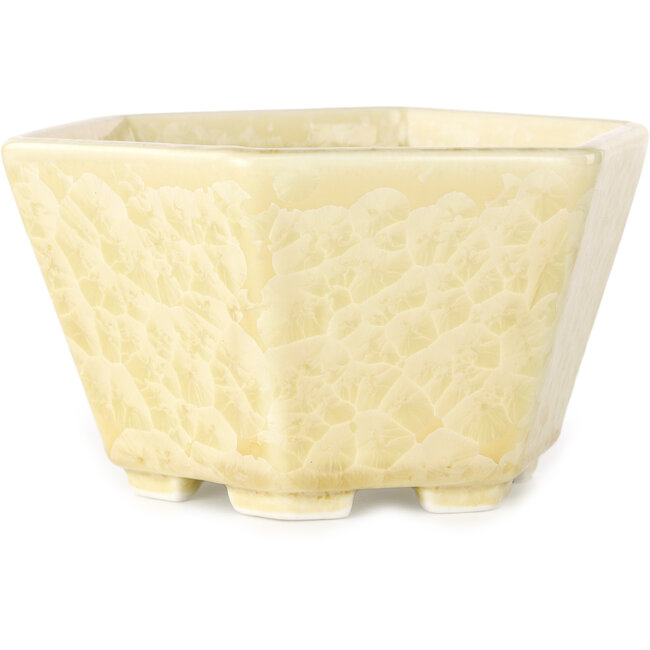 Hexagonal off-white, crystal glaze bonsai pot by Heian Senzan - 140 x 140 x 75 mm