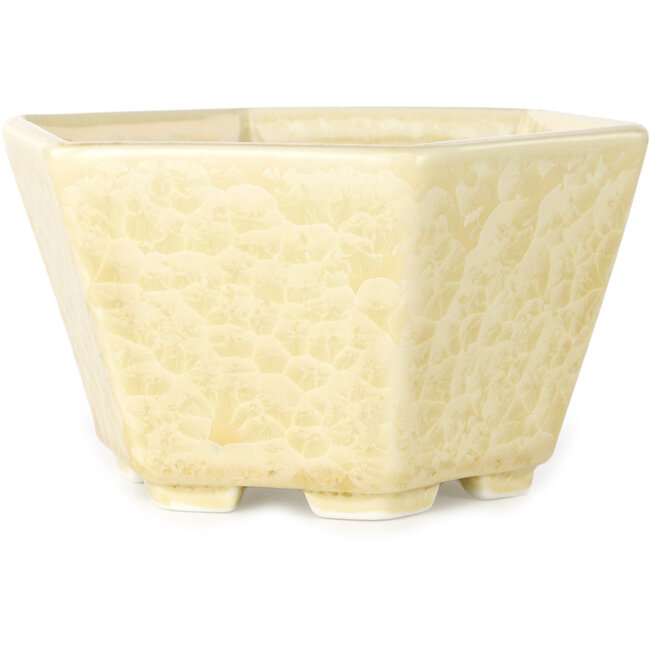 Hexagonal off-white, crystal glaze bonsai pot by Heian Senzan - 140 x 140 x 75 mm