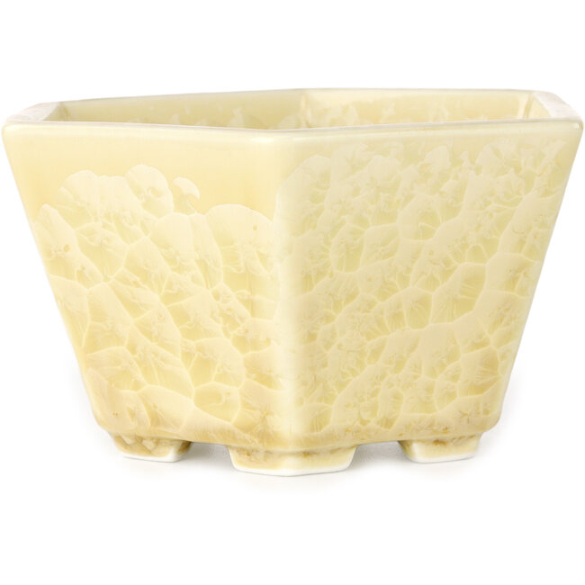 Hexagonal off-white, crystal glaze bonsai pot by Heian Senzan - 140 x 140 x 75 mm
