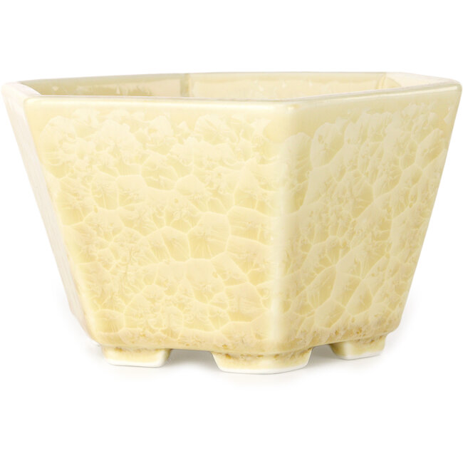Hexagonal off-white, crystal glaze bonsai pot by Heian Senzan - 140 x 140 x 75 mm