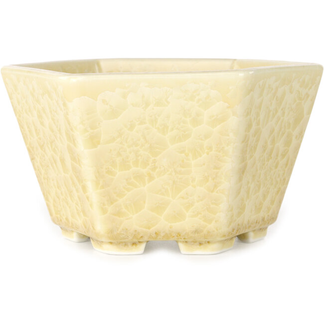 Hexagonal off-white, crystal glaze bonsai pot by Heian Senzan - 140 x 140 x 75 mm