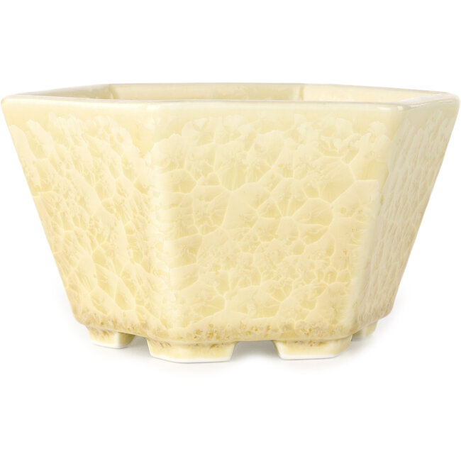 Hexagonal off-white, crystal glaze bonsai pot by Heian Senzan - 140 x 140 x 75 mm