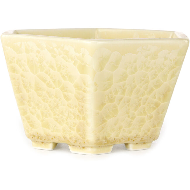 Hexagonal off-white, crystal glaze bonsai pot by Heian Senzan - 140 x 140 x 75 mm