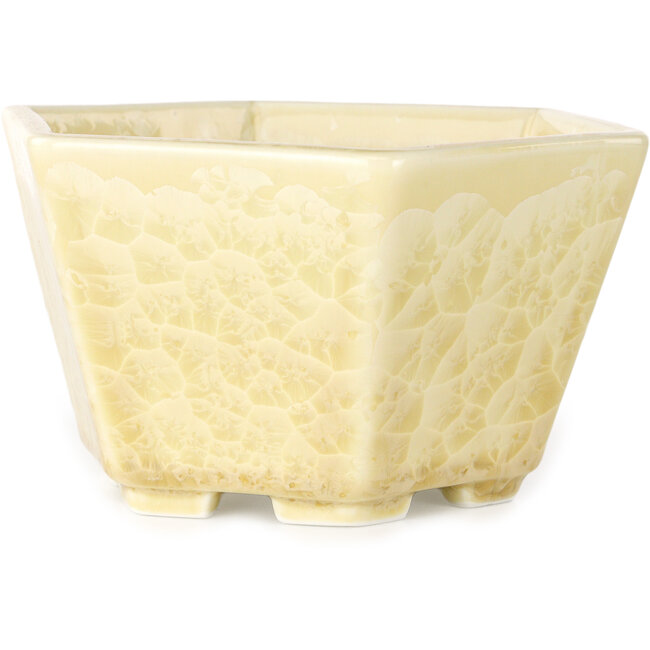 Hexagonal off-white, crystal glaze bonsai pot by Heian Senzan - 140 x 140 x 75 mm