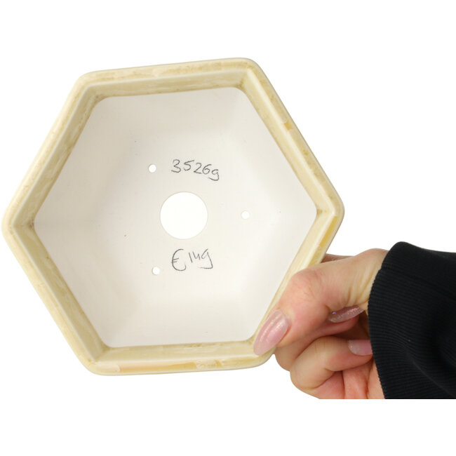 Hexagonal off-white, crystal glaze bonsai pot by Heian Senzan - 140 x 140 x 75 mm
