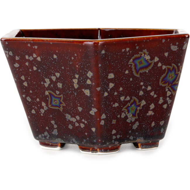 Hexagonal brown metallic, crystal glaze bonsai pot by Heian Senzan - 140 x 140 x 75 mm