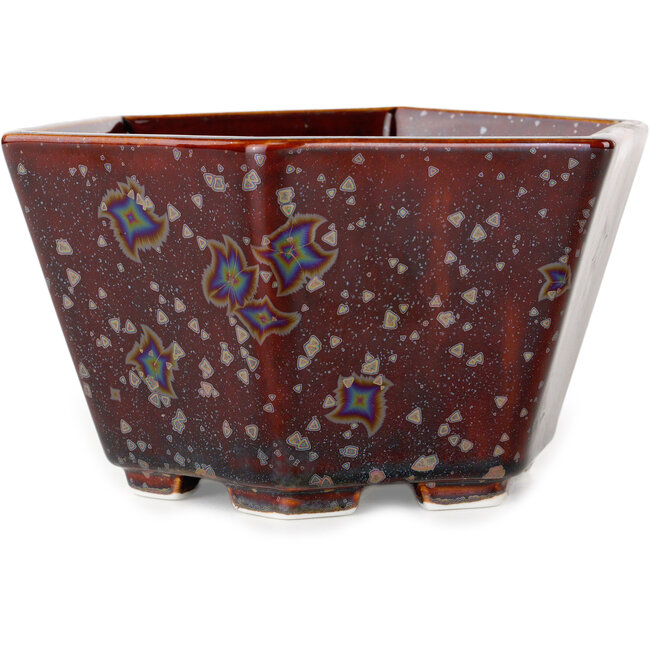Hexagonal brown metallic, crystal glaze bonsai pot by Heian Senzan - 140 x 140 x 75 mm