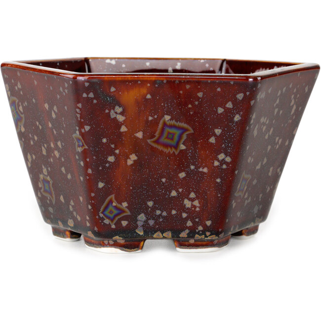 Hexagonal brown metallic, crystal glaze bonsai pot by Heian Senzan - 140 x 140 x 75 mm