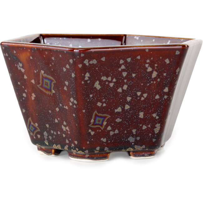 Hexagonal brown metallic, crystal glaze bonsai pot by Heian Senzan - 140 x 140 x 75 mm