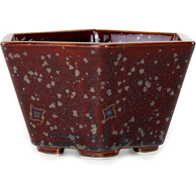 Hexagonal brown metallic, crystal glaze bonsai pot by Heian Senzan - 140 x 140 x 75 mm