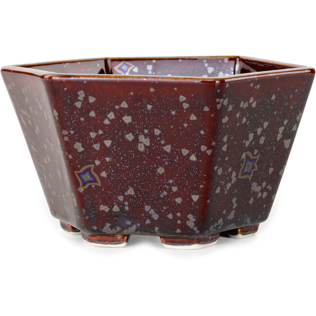Hexagonal brown metallic, crystal glaze bonsai pot by Heian Senzan - 140 x 140 x 75 mm