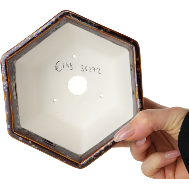 Hexagonal brown metallic, crystal glaze bonsai pot by Heian Senzan - 140 x 140 x 75 mm