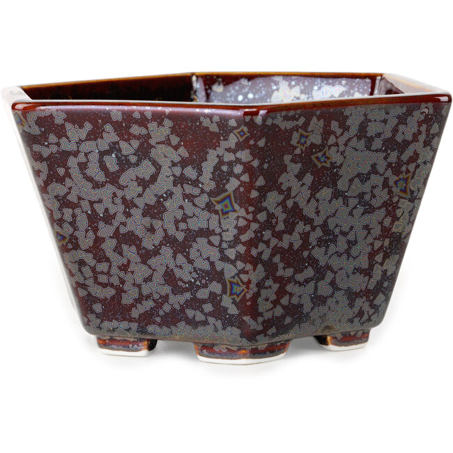 Hexagonal brown metallic, crystal glaze bonsai pot by Heian Senzan - 140 x 140 x 75 mm