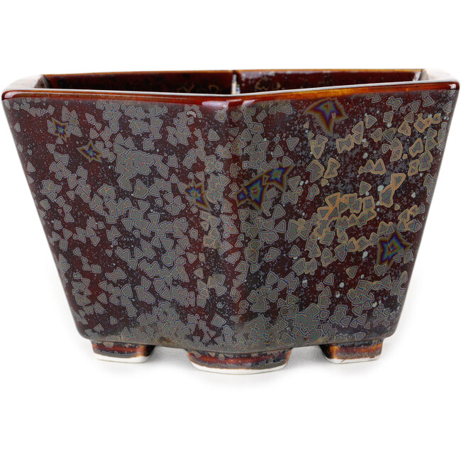 Hexagonal brown metallic, crystal glaze bonsai pot by Heian Senzan - 140 x 140 x 75 mm