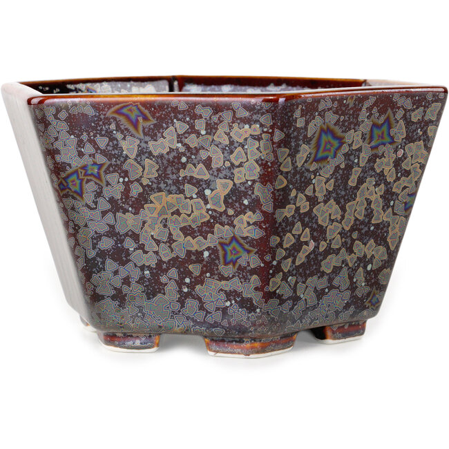Hexagonal brown metallic, crystal glaze bonsai pot by Heian Senzan - 140 x 140 x 75 mm
