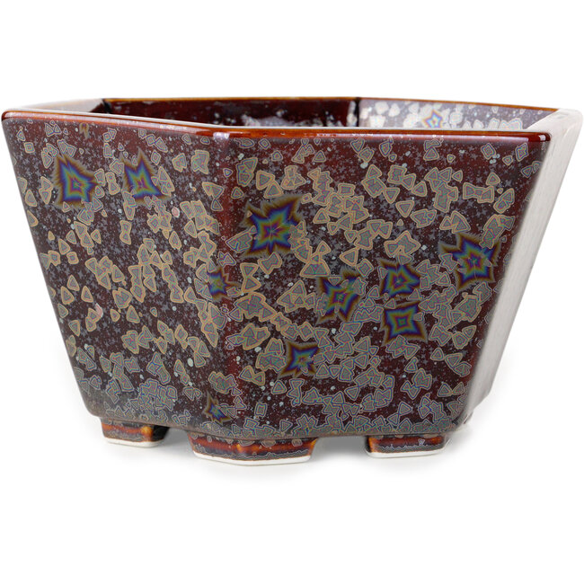 Hexagonal brown metallic, crystal glaze bonsai pot by Heian Senzan - 140 x 140 x 75 mm