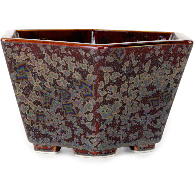 Hexagonal brown metallic, crystal glaze bonsai pot by Heian Senzan - 140 x 140 x 75 mm