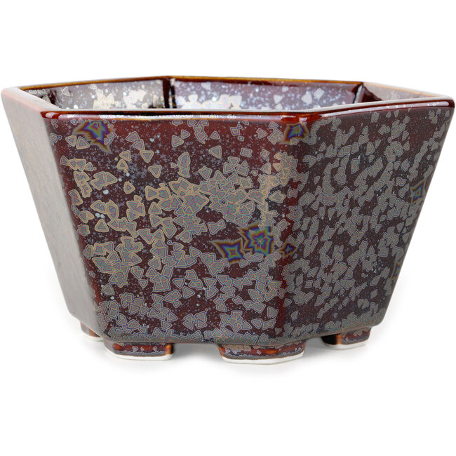 Hexagonal brown metallic, crystal glaze bonsai pot by Heian Senzan - 140 x 140 x 75 mm