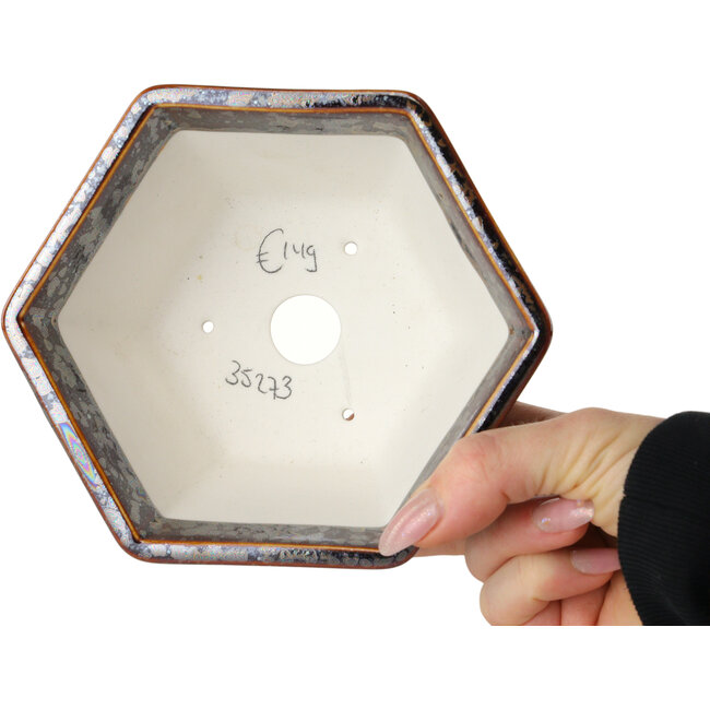 Hexagonal brown metallic, crystal glaze bonsai pot by Heian Senzan - 140 x 140 x 75 mm
