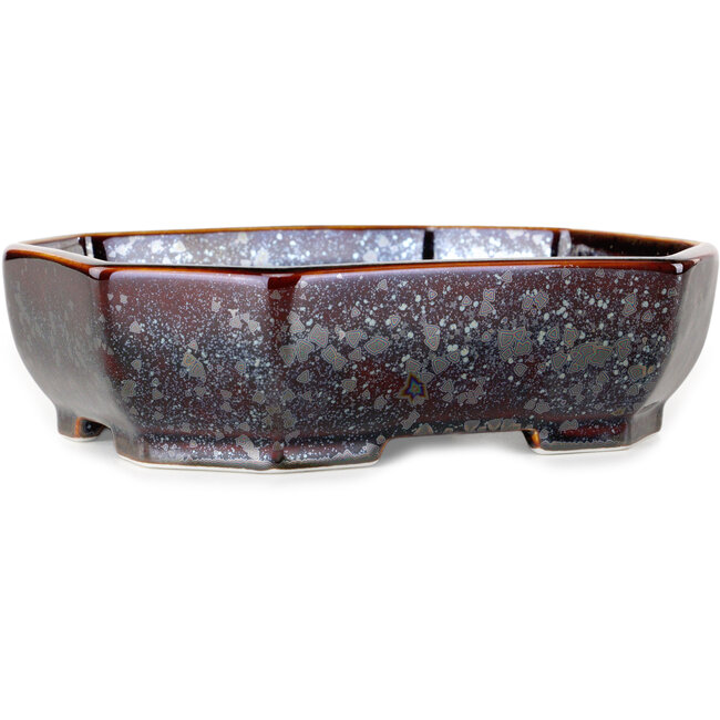 Oval brown metallic, crystal glaze bonsai pot by Heian Senzan - 161 x 132 x 50 mm