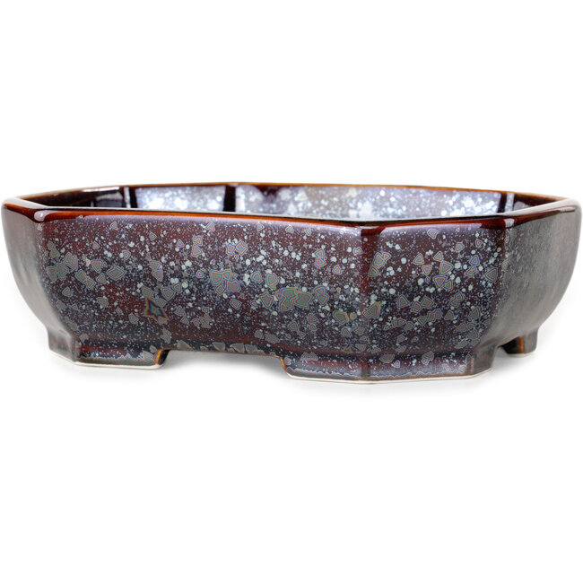 Oval brown metallic, crystal glaze bonsai pot by Heian Senzan - 161 x 132 x 50 mm
