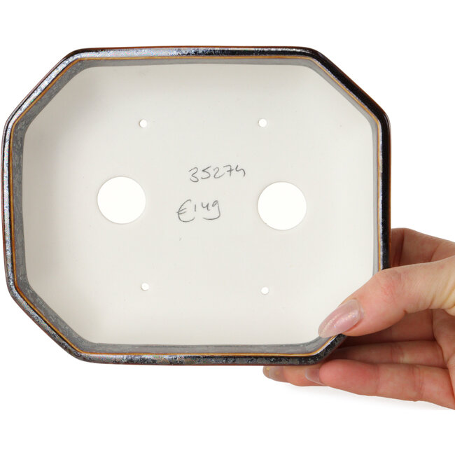 Oval brown metallic, crystal glaze bonsai pot by Heian Senzan - 161 x 132 x 50 mm