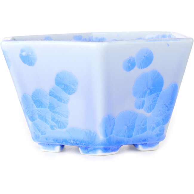 Hexagonal light blue, crystal glaze bonsai pot by Heian Senzan - 140 x 140 x 75 mm