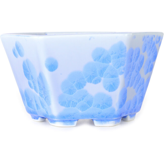 Maceta hexagonal para bonsái con esmaltado de cristal azul claro de Heian Senzan (140 x 140 x 75 mm)
