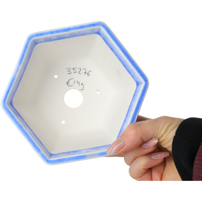 Hexagonal light blue, crystal glaze bonsai pot by Heian Senzan - 140 x 140 x 75 mm