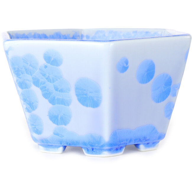 Vaso bonsai esagonale in smalto cristallino azzurro di Heian Senzan - 140 x 140 x 75 mm