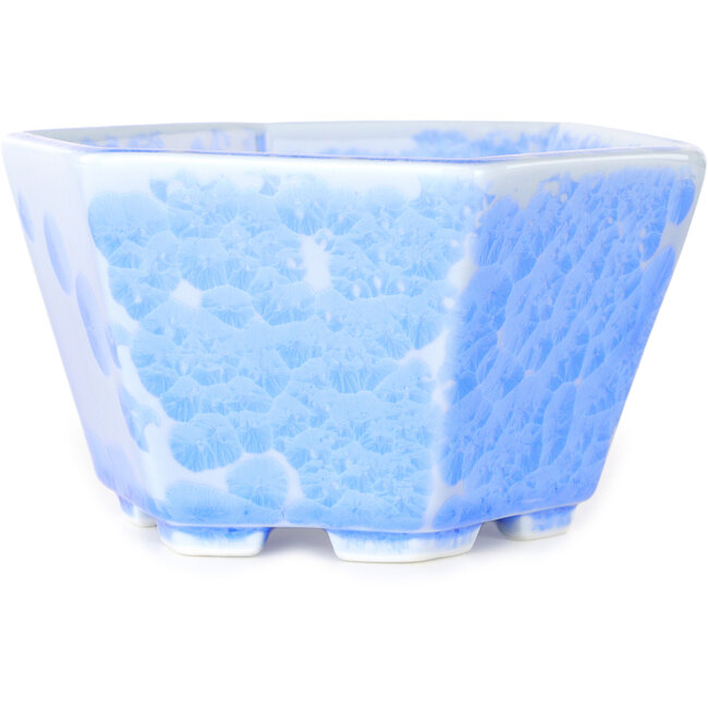 Maceta hexagonal para bonsái con esmaltado de cristal azul claro de Heian Senzan (140 x 140 x 75 mm)
