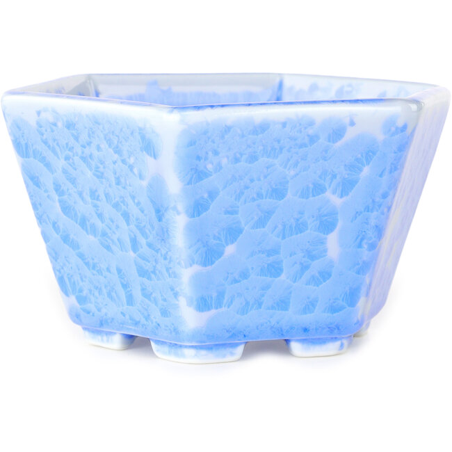 Hexagonal light blue, crystal glaze bonsai pot by Heian Senzan - 140 x 140 x 75 mm