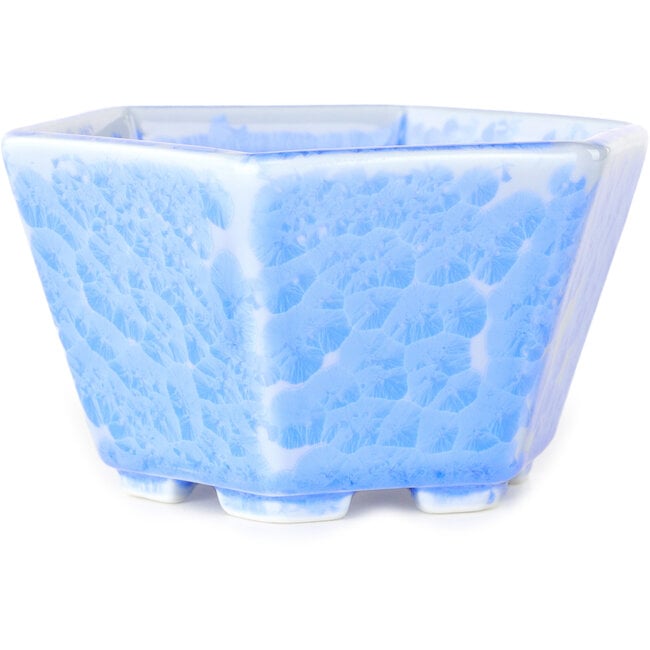 Sechseckiger, hellblauer Bonsai-Topf mit Kristallglasur von Heian Senzan – 140 x 140 x 75 mm