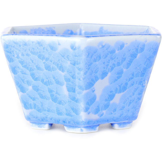 Hexagonal light blue, crystal glaze bonsai pot by Heian Senzan - 140 x 140 x 75 mm