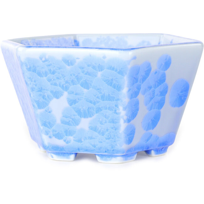Vaso bonsai esagonale in smalto cristallino azzurro di Heian Senzan - 140 x 140 x 75 mm