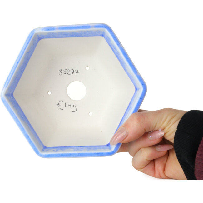 Pot à bonsaï hexagonal bleu clair à glaçure cristalline par Heian Senzan - 140 x 140 x 75 mm