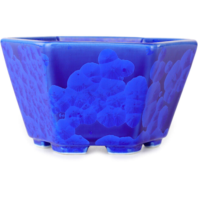 Vaso bonsai esagonale blu scuro smaltato in cristallo di Heian Senzan - 140 x 140 x 75 mm