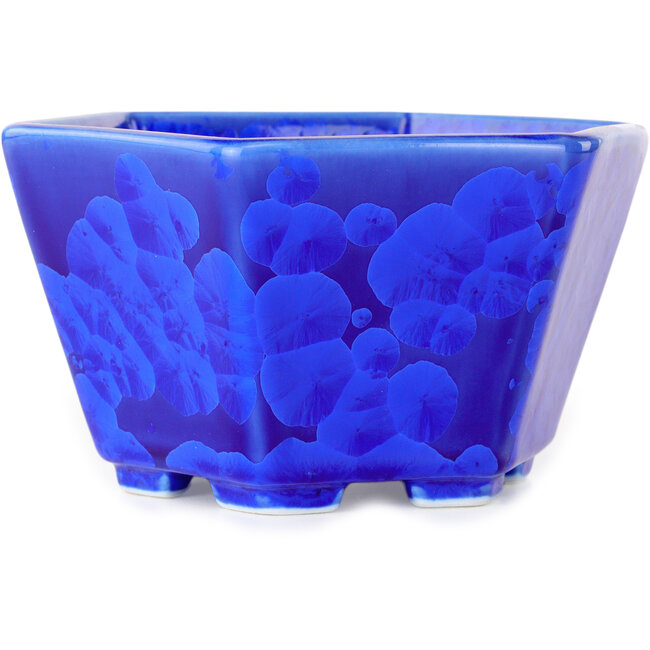 Vaso bonsai esagonale blu scuro smaltato in cristallo di Heian Senzan - 140 x 140 x 75 mm