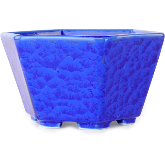 Vaso bonsai esagonale blu scuro smaltato in cristallo di Heian Senzan - 140 x 140 x 75 mm