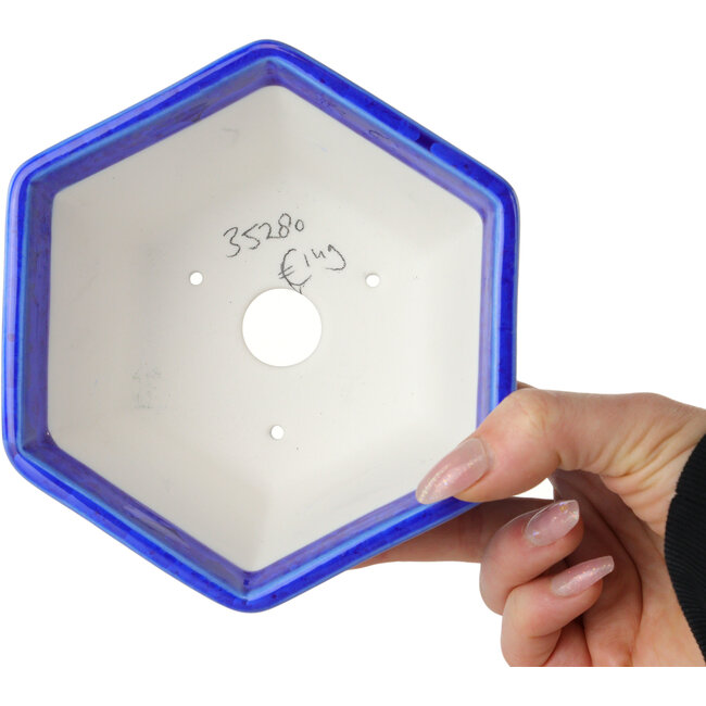 Pot à bonsaï hexagonal bleu foncé à glaçure cristalline par Heian Senzan - 140 x 140 x 75 mm