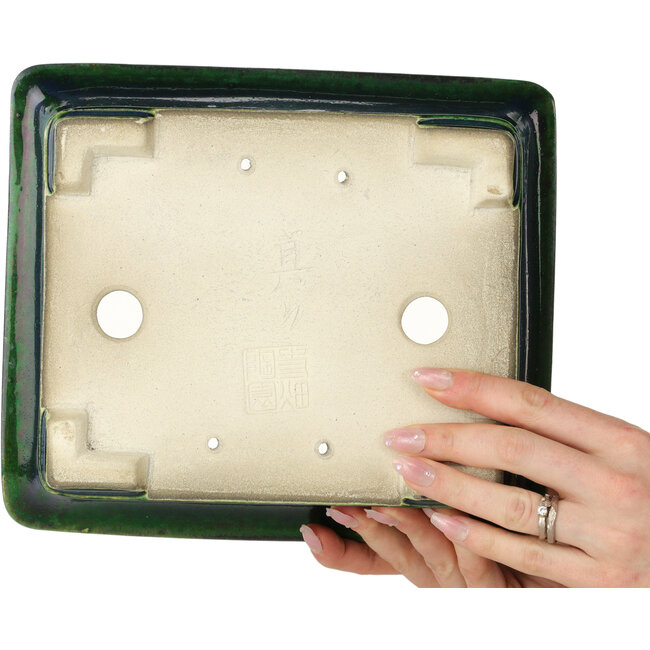 Rectangular green bonsai pot by Terahata Satomi Mazan - 250 x 215 x 82 mm