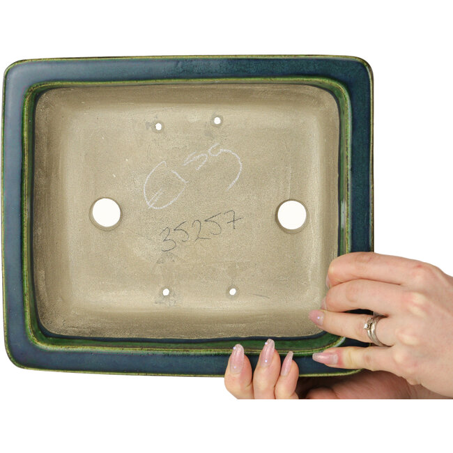 Rectangular green bonsai pot by Terahata Satomi Mazan - 250 x 215 x 82 mm