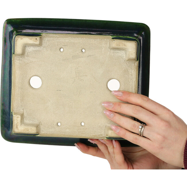 Rectangular green bonsai pot by Terahata Satomi Mazan - 250 x 215 x 82 mm