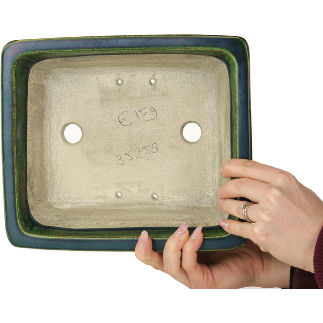 Rectangular green bonsai pot by Terahata Satomi Mazan - 250 x 215 x 82 mm