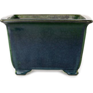  Satomi Mazan, Mazan Terahata 225 mm square green bonsai pot by Terahata Satomi Mazan, Tokoname, Japan