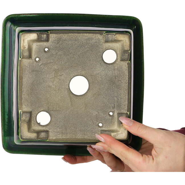Vierkante groene bonsaipot van Terahata Satomi Mazan - 225 x 225 x 140 mm