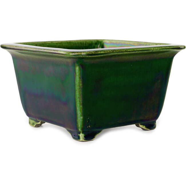 Square green bonsai pot by Terahata Satomi Mazan - 196 x 196 x 118 mm