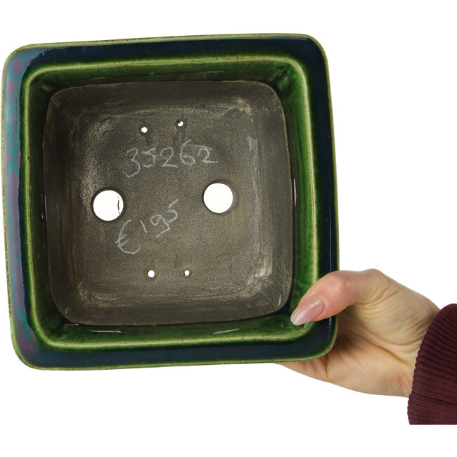 Square green bonsai pot by Terahata Satomi Mazan - 196 x 196 x 118 mm