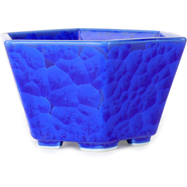 Hexagonal dark blue, crystal glaze bonsai pot by Heian Senzan - 140 x 140 x 75 mm