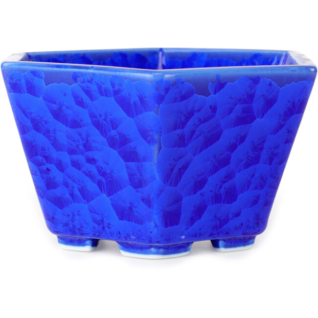 Hexagonal dark blue, crystal glaze bonsai pot by Heian Senzan - 140 x 140 x 75 mm
